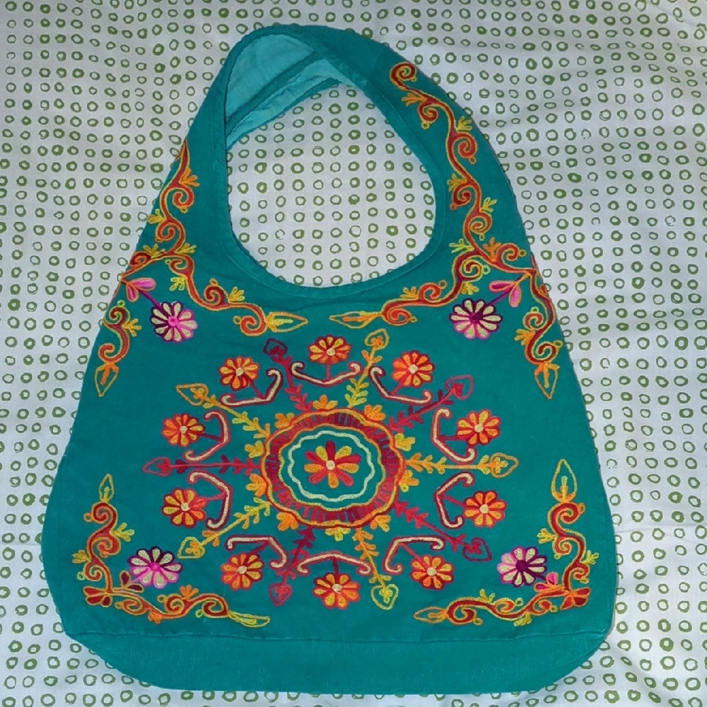 Cost Plus World Market Teal Floral Embroidered Hobo Bag